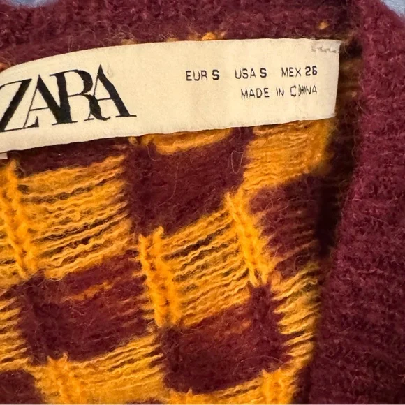 Zara Checkerboard Cropped Cardigan | Size Small | Maroon & Mustard - Picture 10 of 13